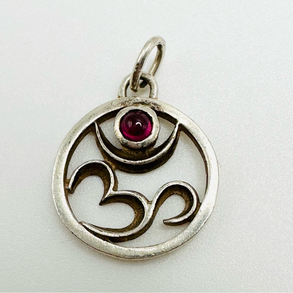 Om STERLING SILVER 925 Spiritual Disk Charm Pendant with Red Garnet Gem